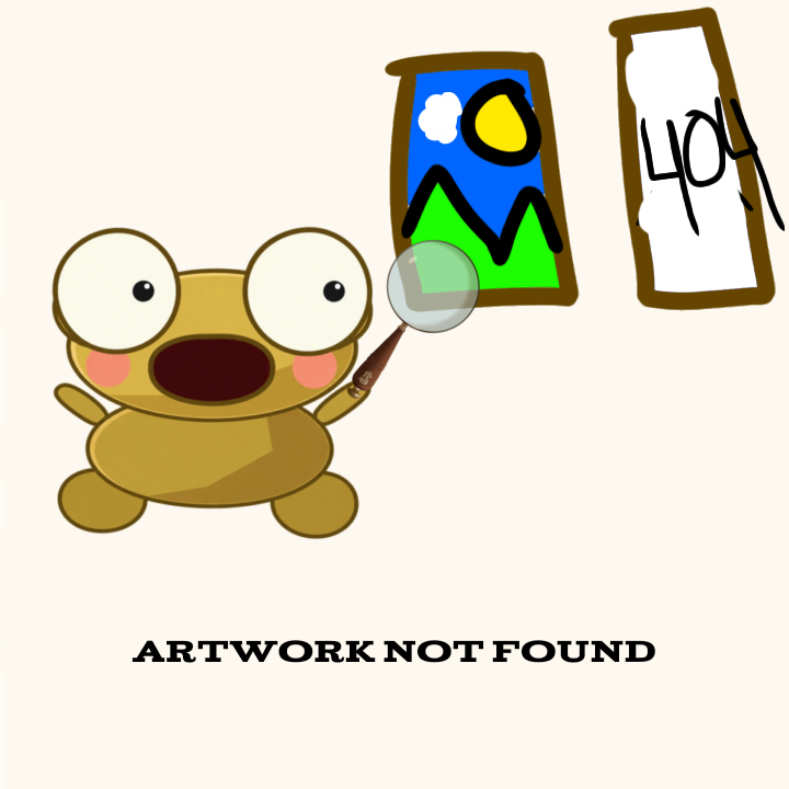 A cropped fan drawing of golden Kero holding a paintbrush beside a blue-and-green picture and a hand-drawn sign, with “ARTWORK NOT FOUND” below.