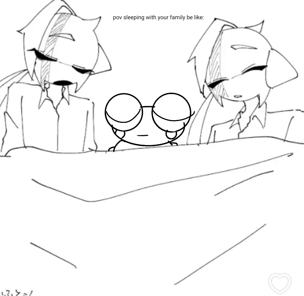 A black-and-white fan drawing of Kero tucked under a blanket between two sleepy family members, captioned “pov sleeping with your family be like:”.