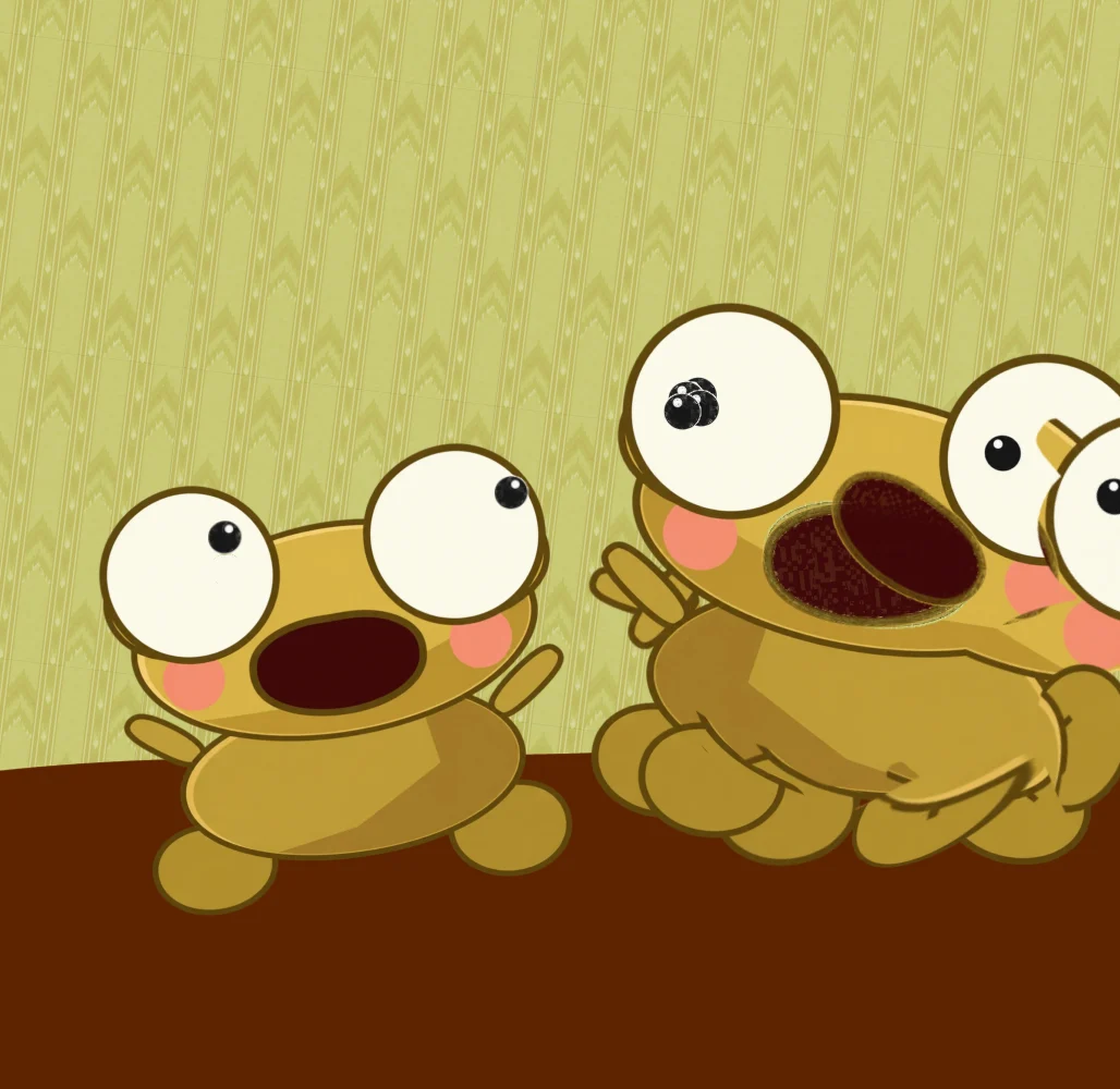 Two open-mouthed Keros in front of a green patterned wall, one smaller and one larger with extra eyes and a textured mouth.