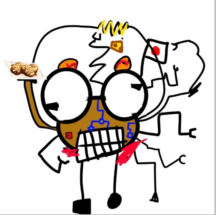 Alaberma’s black line drawing of a wide-eyed, toothy Kero with a crown, takoyaki and red and blue details.