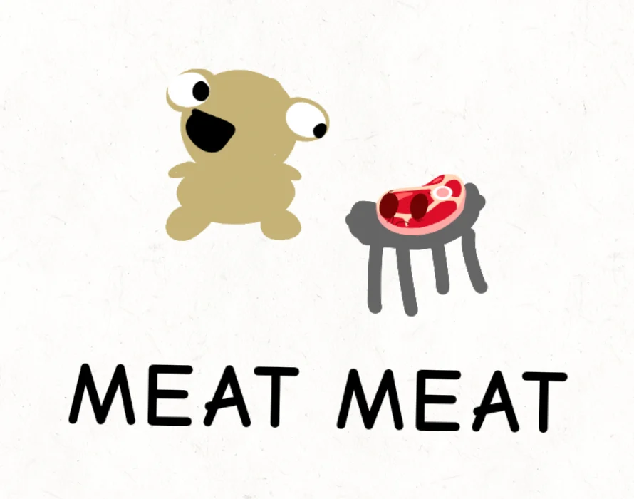 Cropped fan drawing of an open-mouthed Kero beside a steak on a grey grill, above the words “MEAT MEAT”.