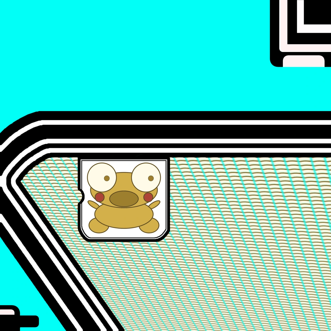 A small paper portrait of Kero on a patterned boat, surrounded by bright turquoise water and bold black-and-white lines.