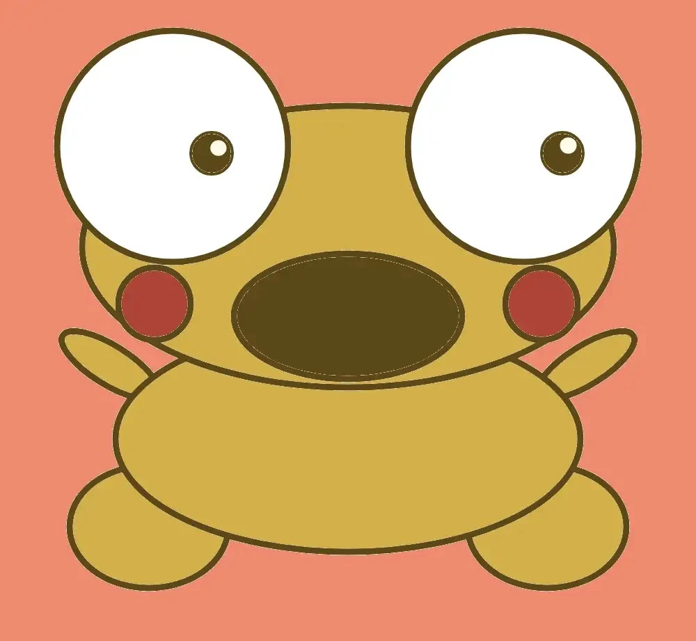 A golden Kero with wide eyes, raised arms and an open mouth against a coral background.