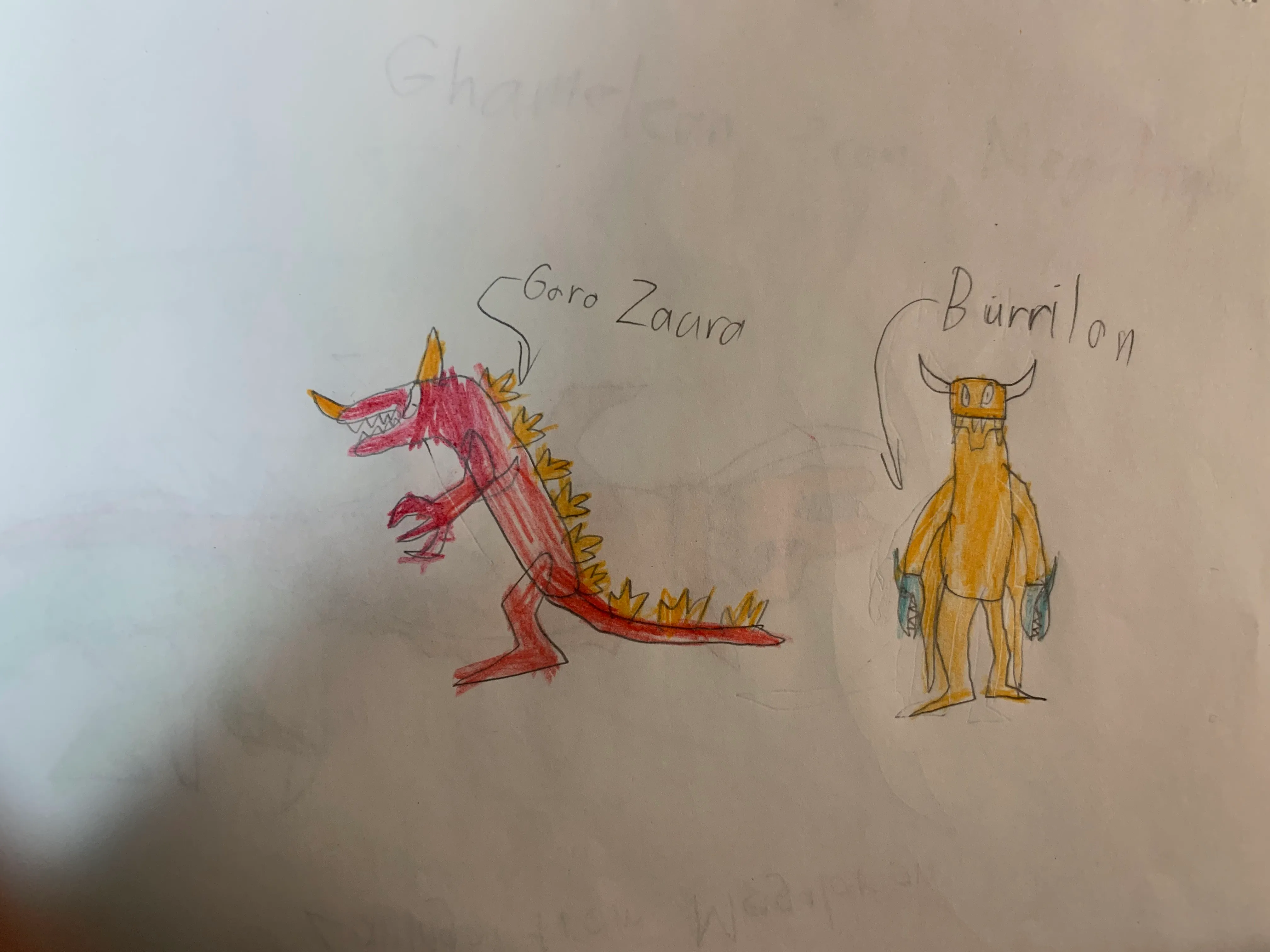 A coloured-pencil drawing on white paper of Goro Zaura, a red, spiky, crocodile-jawed kaiju with yellow horns and yellow back spikes, and Burrilon, a tall orange horned kaiju with blue claws, each labelled in handwriting.