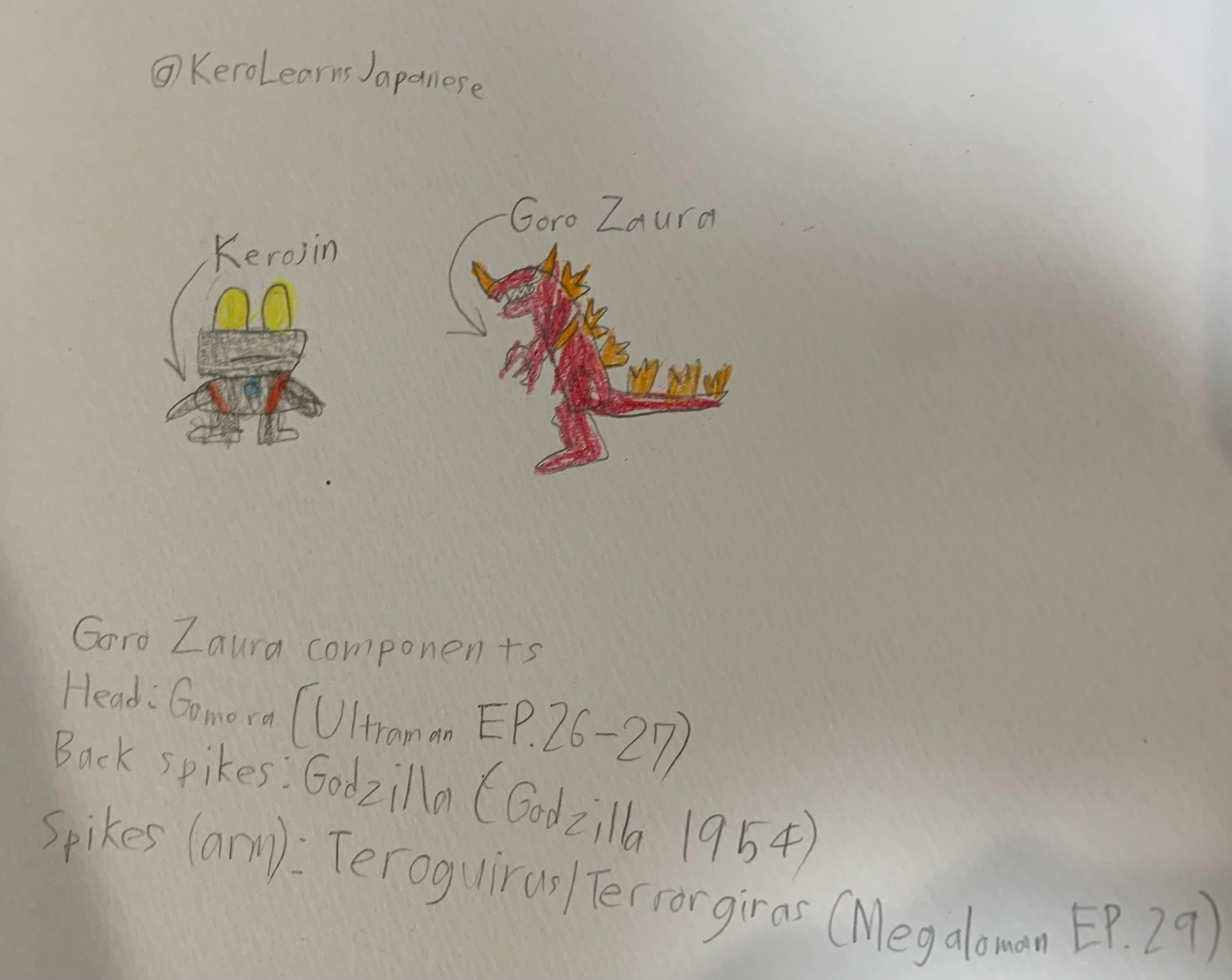 A pencil drawing on paper of Kerojin, a grey robot-like Kero hero with yellow eyes, and Goro Zaura, a red spiky kaiju version of Goro, with handwritten notes listing Goro Zaura’s parts from Gomora, Godzilla and Terrorgiras.