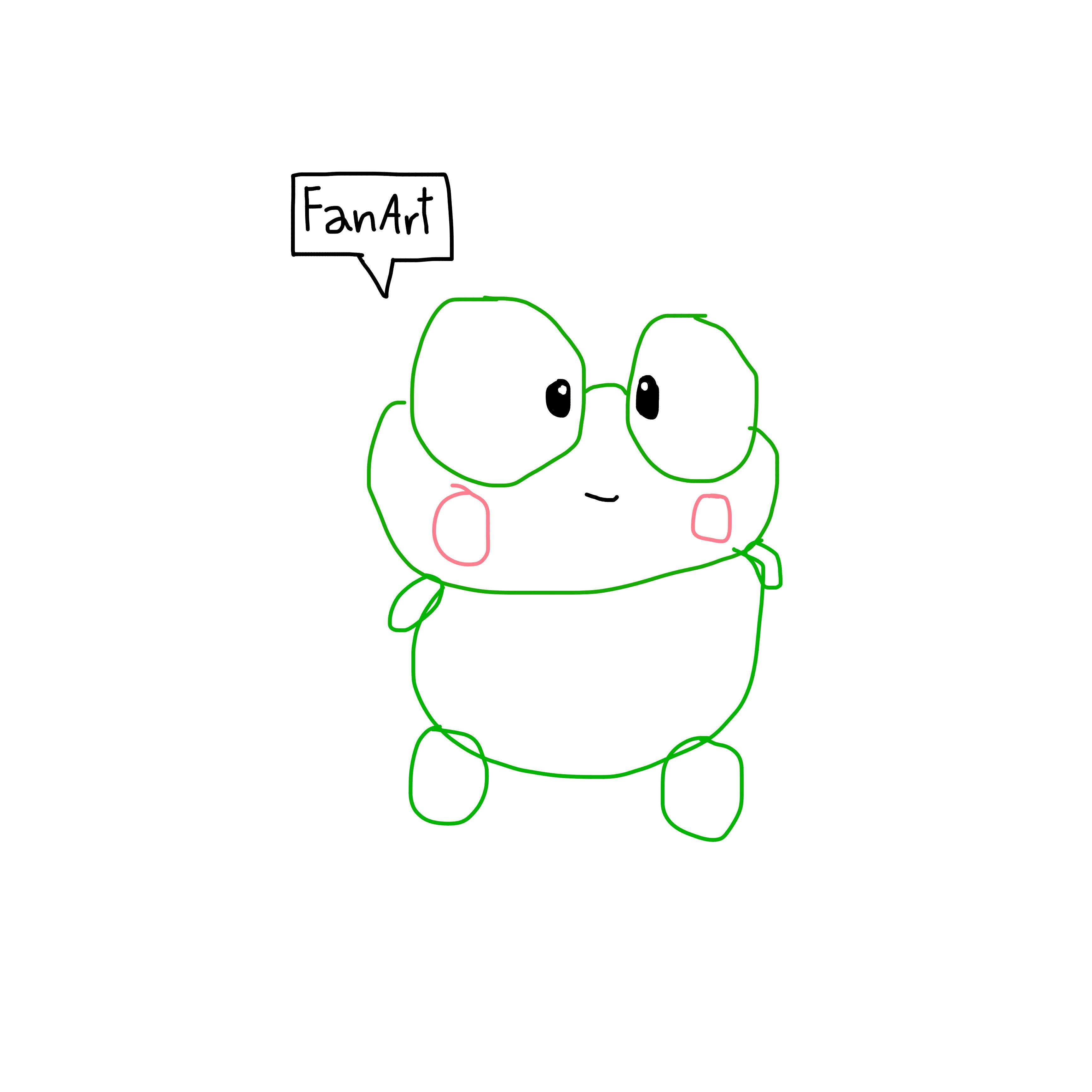 A smiling Kero outlined in green, with large eyes, pink cheeks and small arms, beneath a speech bubble reading FanArt on white paper.