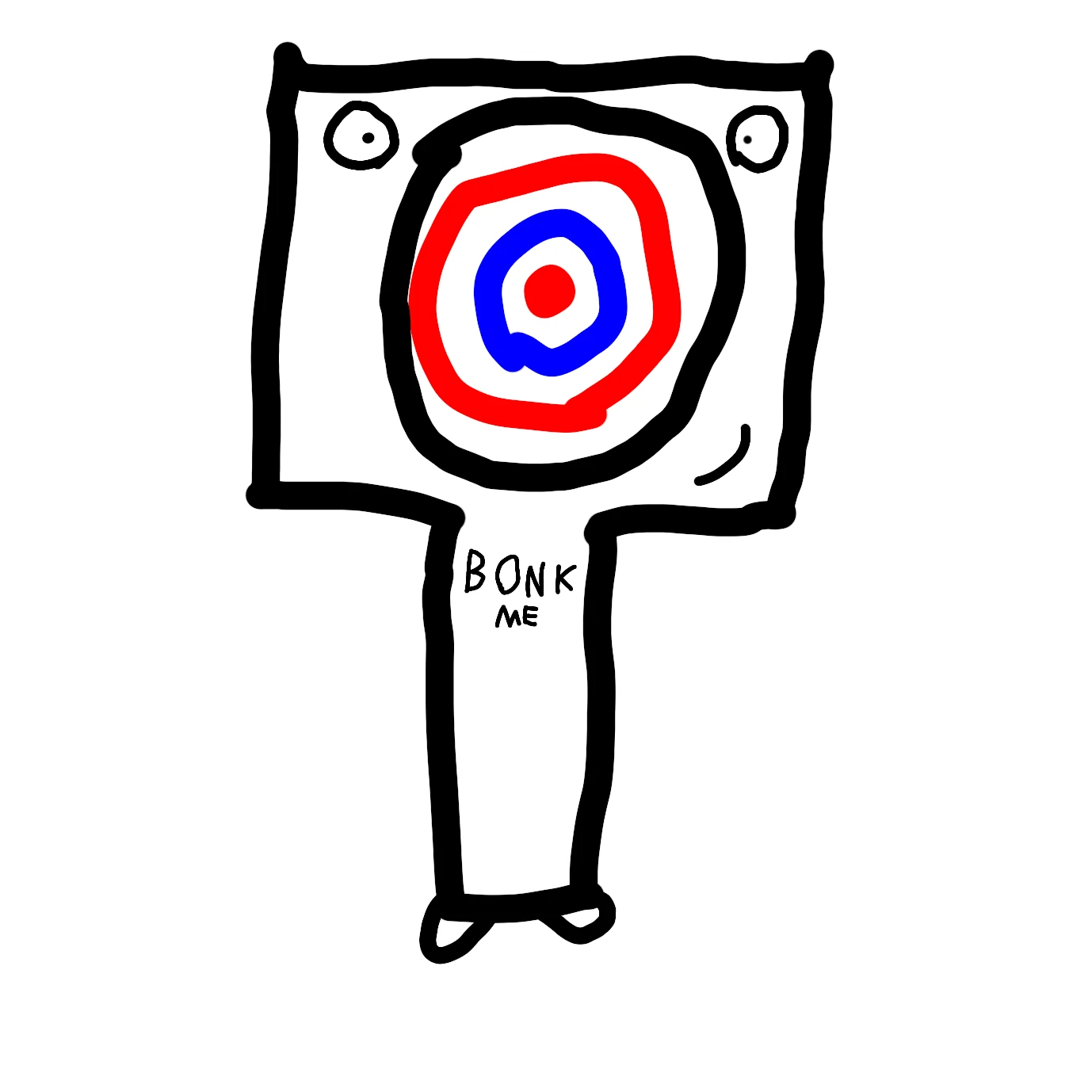 A hand-drawn target dummy in thick black lines on a white background: a square head with a small round eye in each top corner, a bullseye of a red ring, a blue ring and a red centre dot inside a big black circle, and a small curved smile at the lower right, on a long rectangular post with BONK ME written on it and two little feet.
