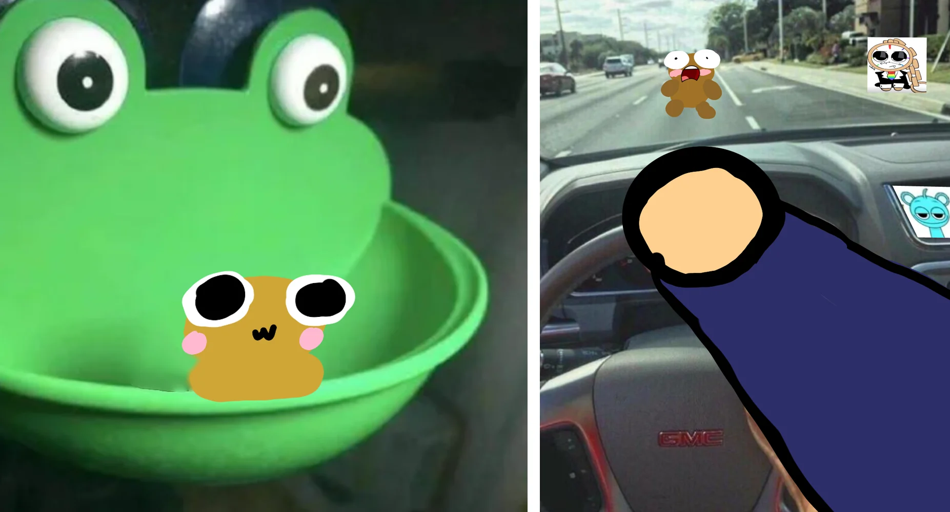 Two edited photos side by side. Left: a small hand-drawn golden Kero with big eyes and a tiny smile sits inside a green frog-shaped bowl. Right: from the driver’s seat of a car, a cartoon driver in a blue top grips the wheel while a small, crying hand-drawn Kero stands in the road ahead.