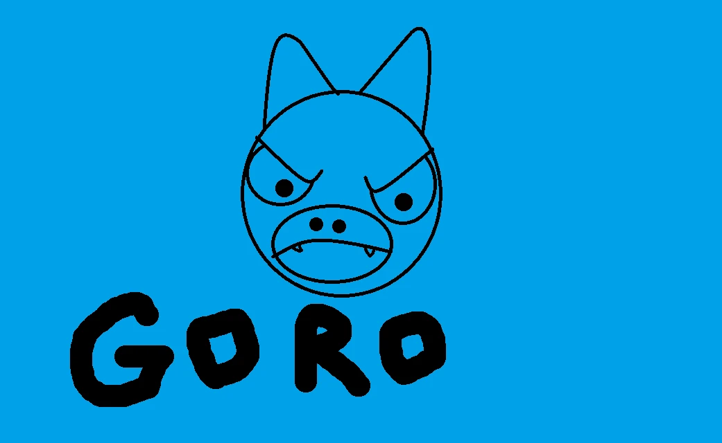 On a bright blue background, Goro’s face drawn in thin black outline: a round head with two tall pointed horns, angry slanted brows over two round eyes with black dots, a wide oval snout with two nostrils and a frowning mouth with two small fangs. GORO is written below to the left in thick black hand-drawn capital letters.