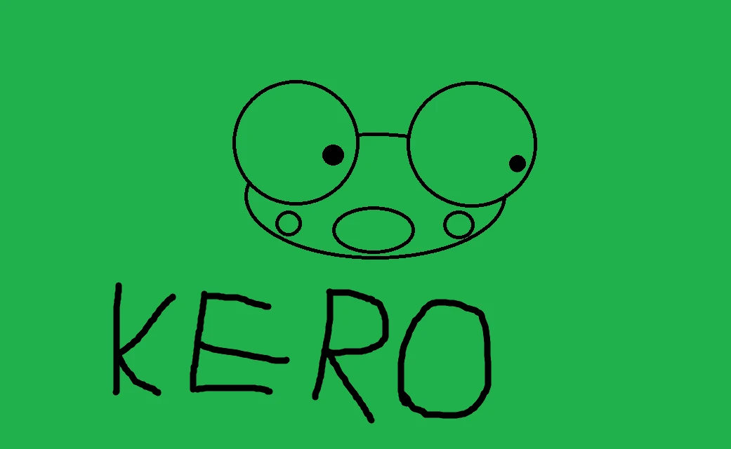 On a bright green background, Kero’s face drawn in black outline: two big round eyes joined by a short line, each with a black pupil looking to the right, a wide oval head, two small round cheeks and an oval mouth. KERO is written underneath in large hand-drawn capital letters.