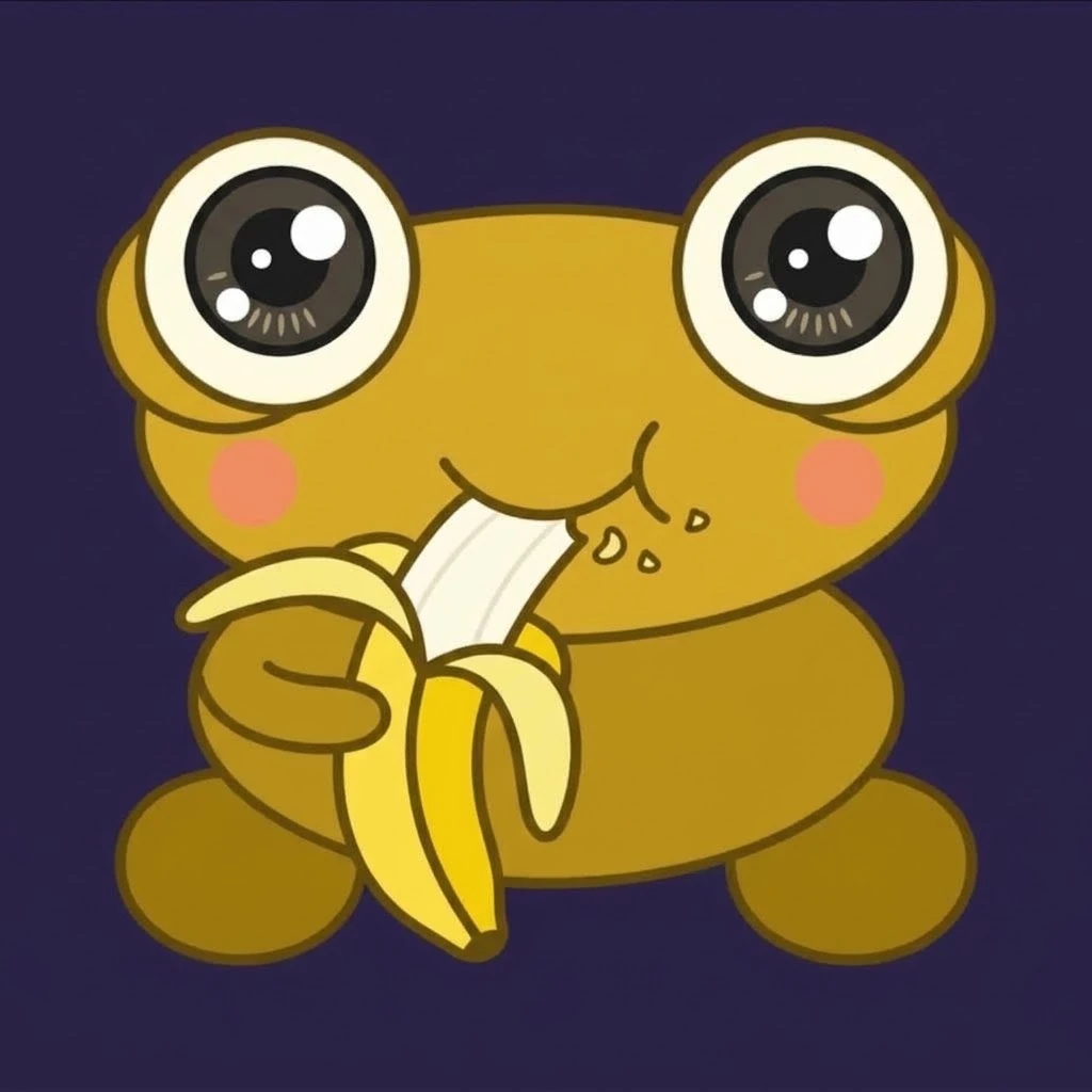 A cartoon of a golden Kero on a dark purple background, with huge cream eyes with sparkly brown irises and pink cheeks, holding a half-peeled banana and biting off the end, with a few crumbs beside his mouth.