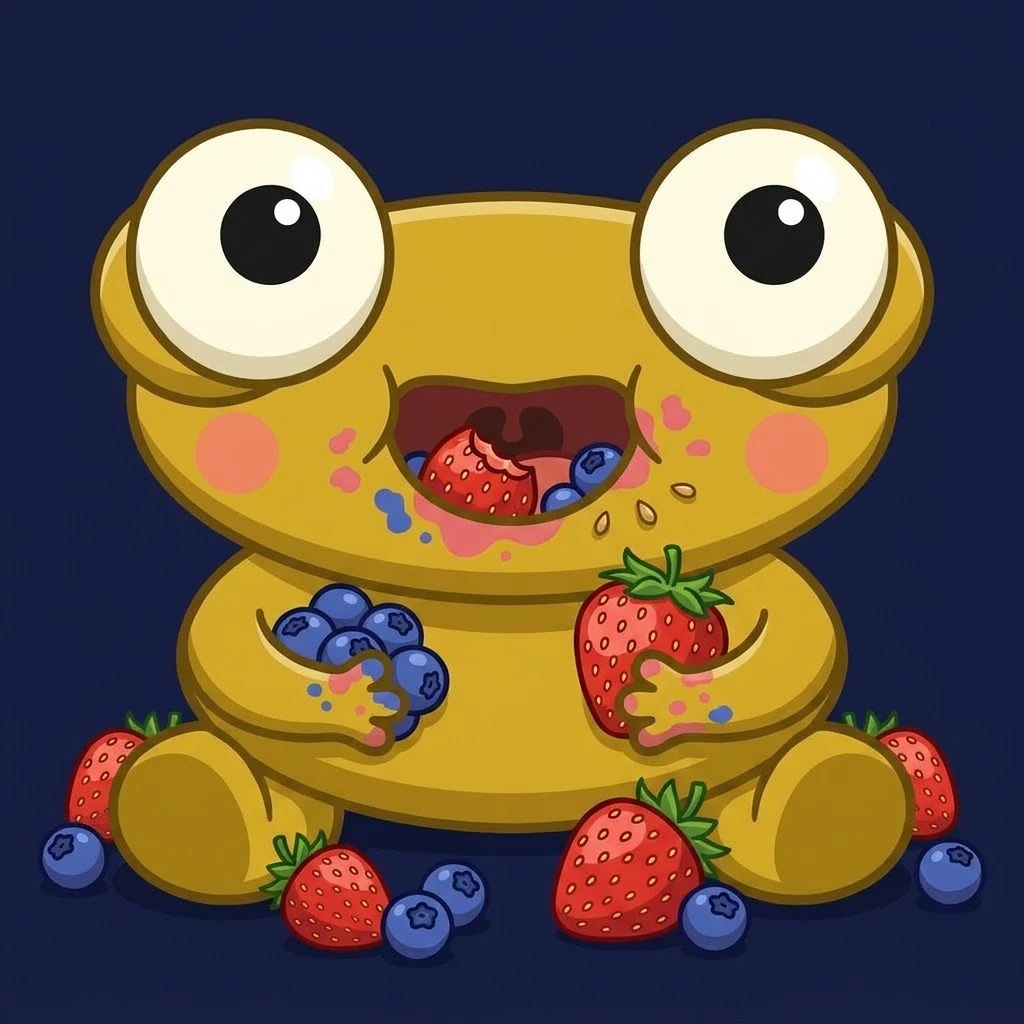 A cartoon of a golden Kero sitting on a dark navy background, with huge round eyes, pink cheeks and a wide open mouth full of strawberry and blueberries, smeared with pink and blue juice and a few seeds. He hugs a bunch of blueberries in one hand and a big strawberry in the other, and more strawberries and blueberries lie around his feet.