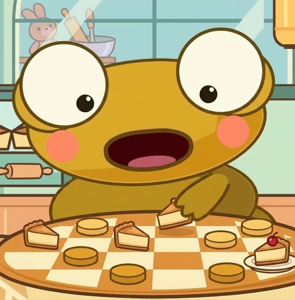 A cartoon of a golden Kero with huge round eyes, pink cheeks and a wide open mouth, leaning over a round orange and cream checkerboard and pushing a slice of cheesecake across it. More cheesecake slices and flat round golden pieces stand on the squares, and a slice topped with a cherry waits on a small plate at the edge. Behind him is a kitchen with a window, a toy rabbit, rolling pins, a mixing bowl and cupcakes on a shelf.