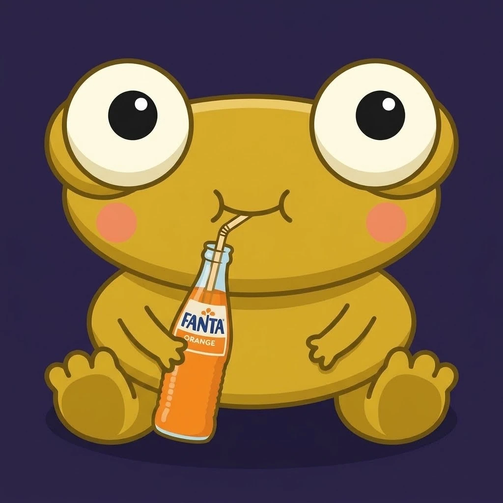 A cartoon of a golden Kero sitting on a dark purple background, with huge cream eyes and pink cheeks, holding a glass bottle labelled FANTA ORANGE in one hand and sipping from a bendy straw with his cheeks puffed out.
