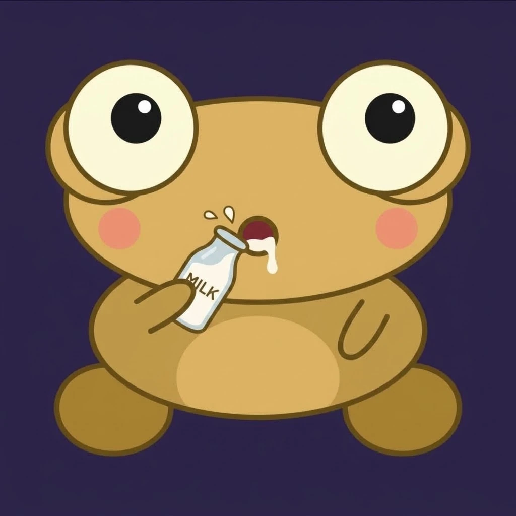 A cartoon of a light brown Kero on a dark purple background, with huge cream eyes, pink cheeks and a pale belly, tipping a glass bottle labelled MILK to his small round mouth, with drops splashing and milk dribbling down his chin.