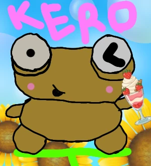 A small digital drawing of a brown Kero with pink cheeks, a small open mouth and two big grey eyes, one with a round black pupil and one with a black chevron like a wink, under large pink letters reading KERO. A strawberry parfait in a tall glass sits at his raised hand, a green scribble lies under his feet, and photo-style sunflowers, a blue sky and soap bubbles fill the background.