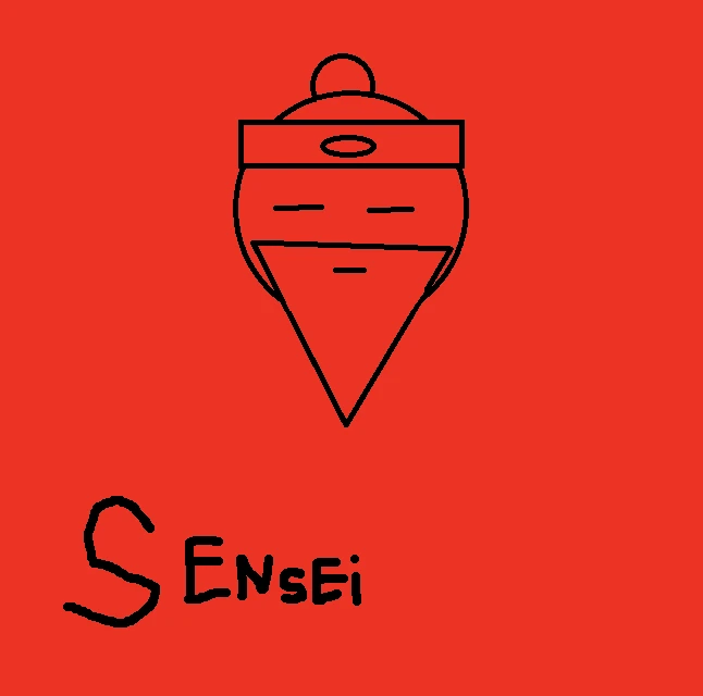 On a bright red background, Sensei drawn in thin black outline: a small round topknot on a round head, a wide headband with an oval in the middle, eyes and a mouth drawn as short straight lines and a long pointed triangular beard. SENSEI is written below to the left in thick black hand-drawn letters.