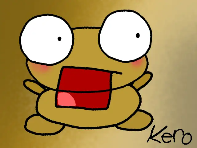 Golden Kero with wide white eyes, raised arms and a large red open mouth, with Kero written in the corner.