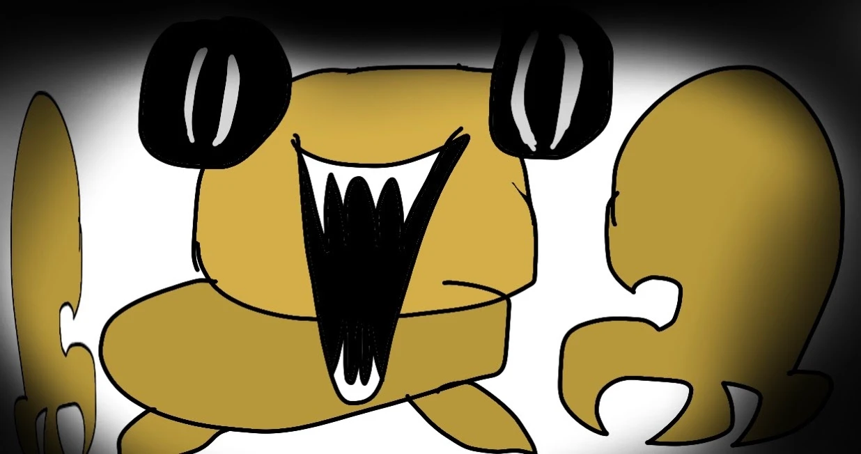 A spooky monster version of Kero with huge hollow black eyes, a wide mouth full of long sharp teeth and clawed hands, lit from the centre against a dark vignette.