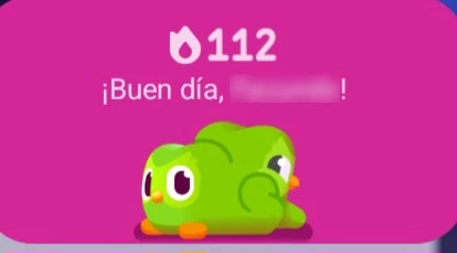 A small screenshot of a bright pink card with rounded corners. At the top, a pale pink flame icon sits beside the number 112, and below it the greeting ¡Buen día, then a blurred-out name and an exclamation mark. Underneath, the round green Duolingo owl lies flat on its front with its orange feet poking out, one big eye and an orange beak showing at the left and another eye peeking out at the right.