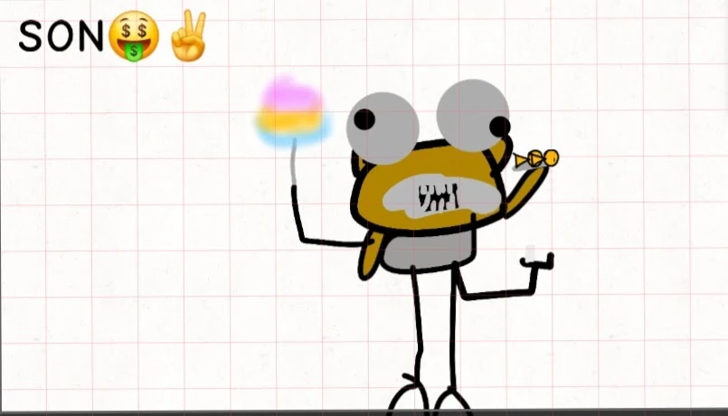 On pink grid paper, a golden Kero with two huge grey eyes with black pupils, a wide grey grin full of jagged teeth, a grey belly and long thin black arms and legs. One hand holds up a soft pink, yellow and blue cloud on a short grey stick, like cotton candy, and a stubby golden arm raises a small golden trinket by his face. The word SON with a money-mouth face emoji and a peace sign emoji is in the top-left corner, and a thin dark strip runs along the bottom edge.