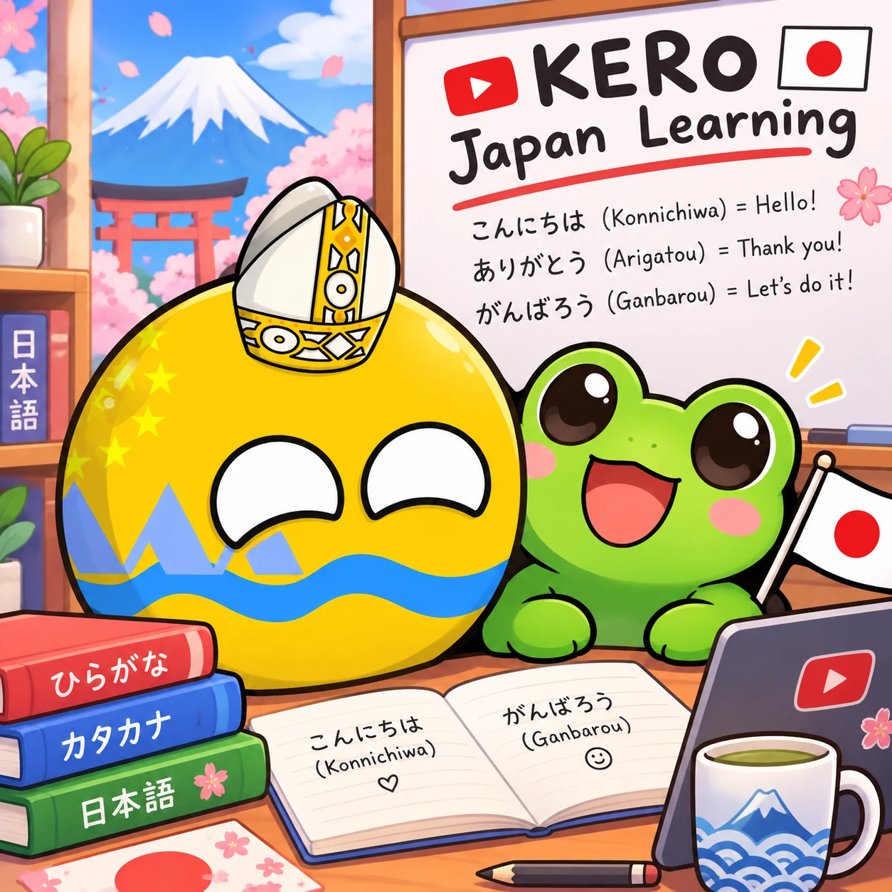 A grinning yellow countryball with blue waves and a white-and-gold hat sits beside a green cartoon frog at a study desk, with a whiteboard reading “KERO Japan Learning” and three Japanese phrases, Japanese textbooks, an open notebook, a tablet and a mug, and Mount Fuji, cherry blossoms and a torii gate through the window.