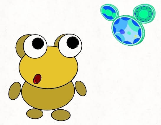 A drawing of golden Kero with large black-and-white eyes and a small open red mouth, beside three blue-and-green patterned circles on a white background.