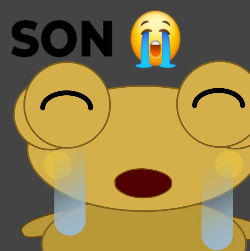 A close-up of Kero with closed, upturned eyes, an open mouth and long pale-blue tears running down his cheeks, under black “SON” lettering and a loudly crying emoji, on a dark grey background.