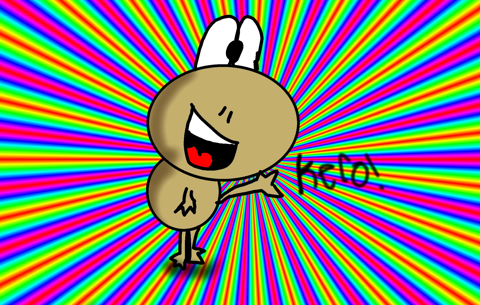 A hand-drawn tan Kero with tall white eyes and a wide open laugh waves one hand beside handwritten “Kero!” lettering, on a bright radiating rainbow background.