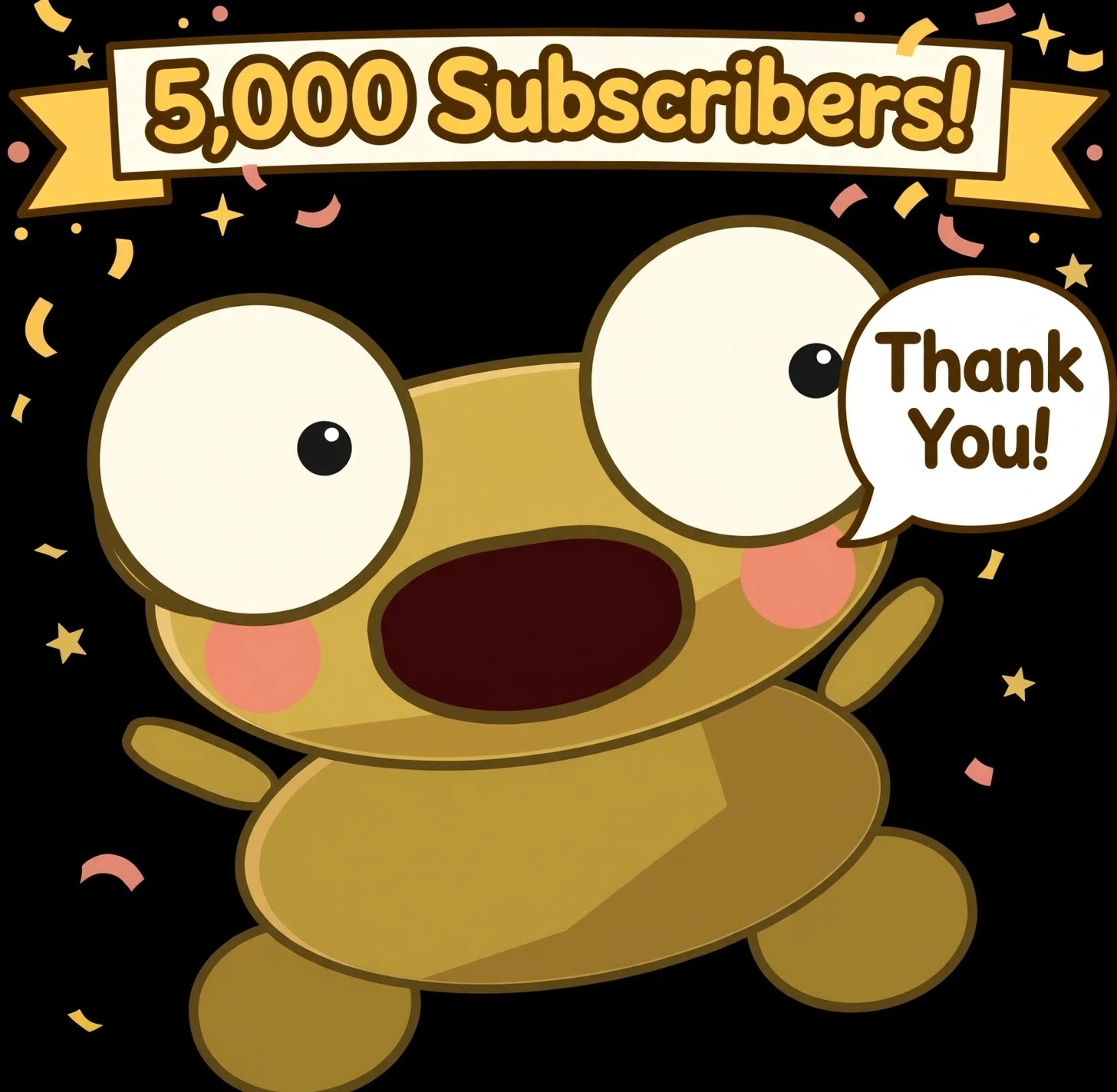 An excited Kero with wide eyes and an open mouth under a gold “5,000 Subscribers!” banner and a “Thank You!” speech bubble, with confetti on a black background.