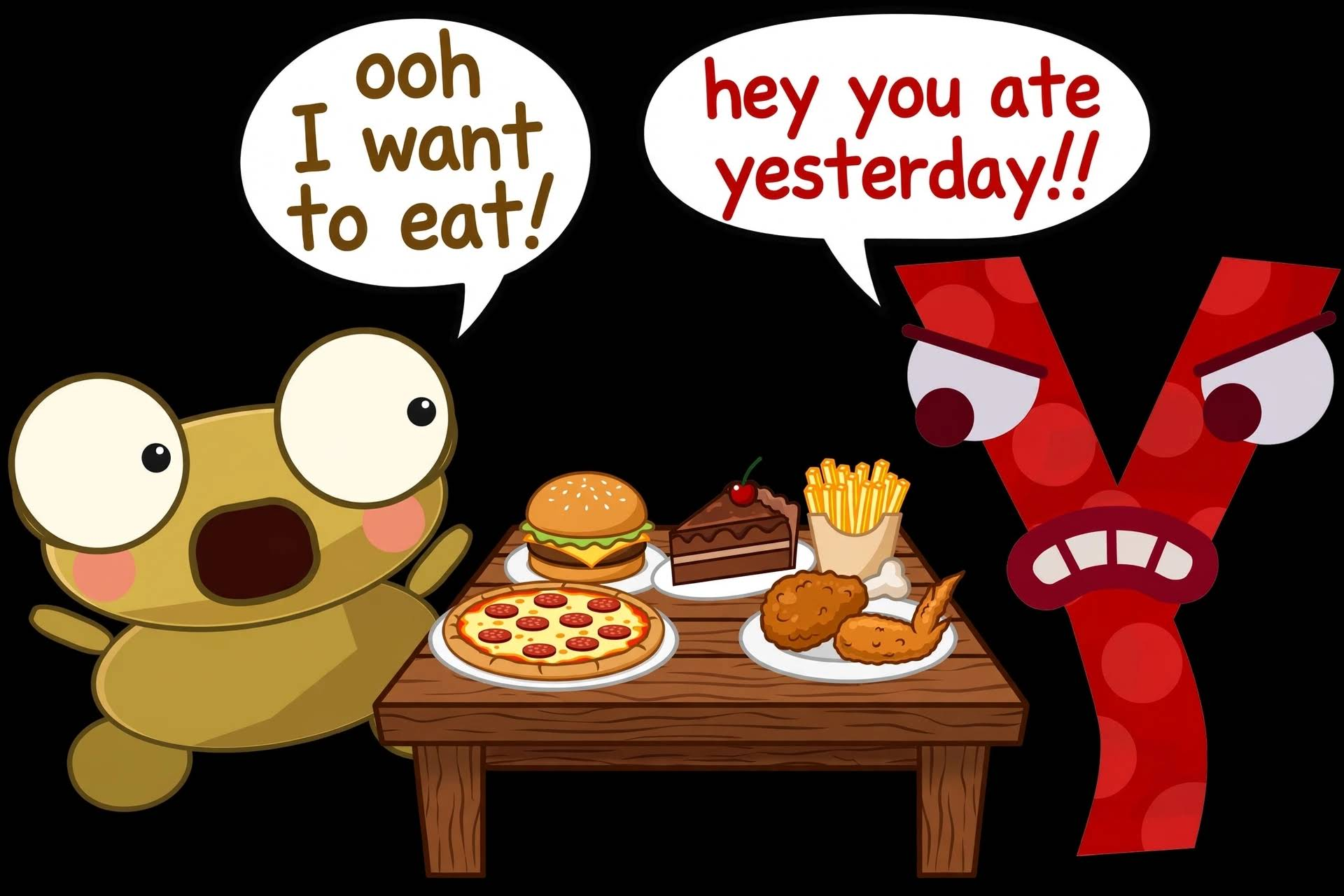 Golden Kero reaches towards a table of pizza, a burger, cake, chips and chicken, saying he wants to eat. An angry red Y replies that he ate yesterday.