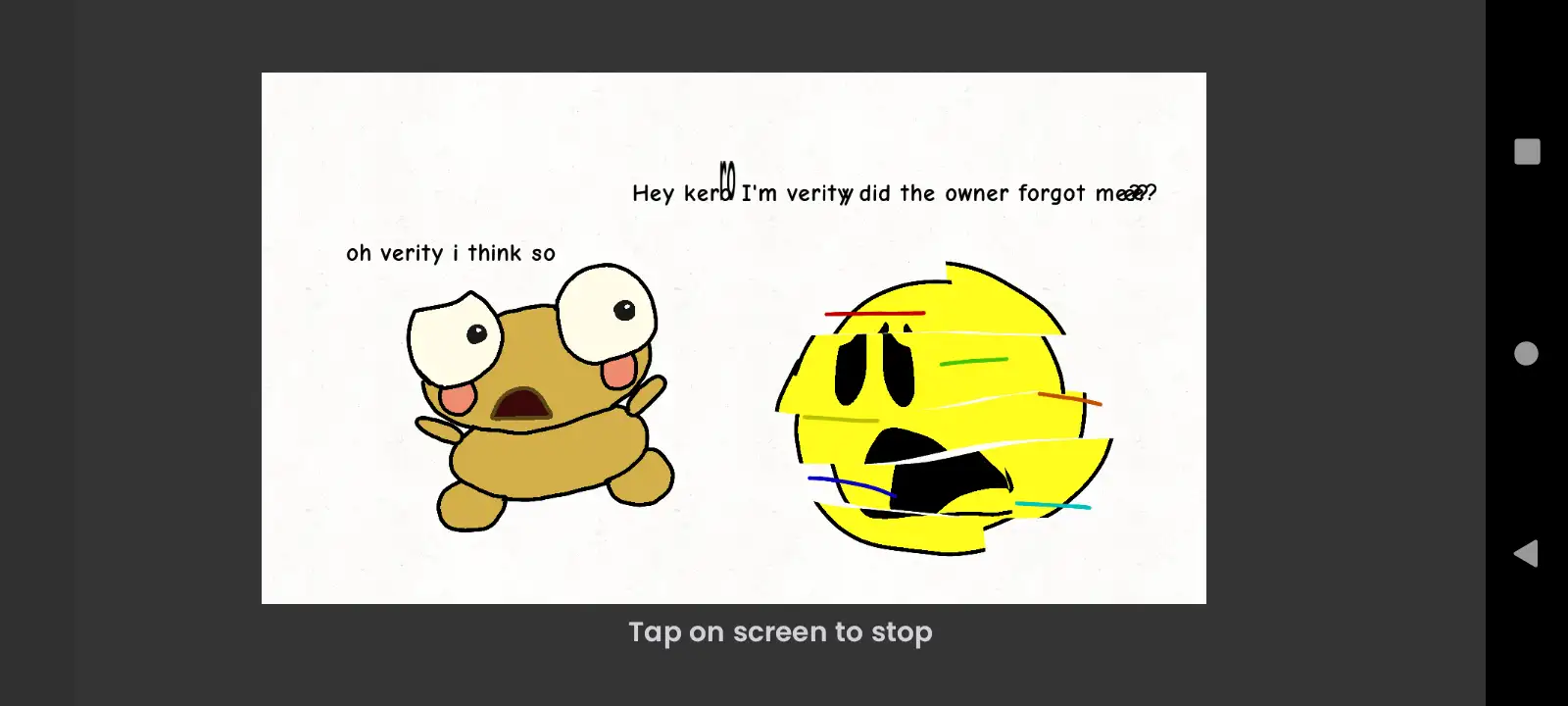 A comic showing golden Kero beside a yellow character with colourful streaks, with their original dialogue above them.