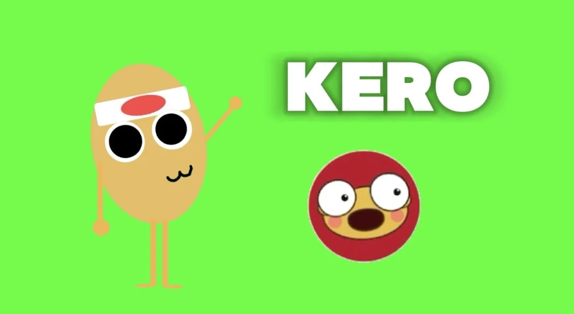 On a bright green background, a tan bean-shaped character with a white headband and red oval, two big black eyes and a small smile waves one stick arm, next to the bold word KERO and the round red Kero Learns Japanese channel icon.