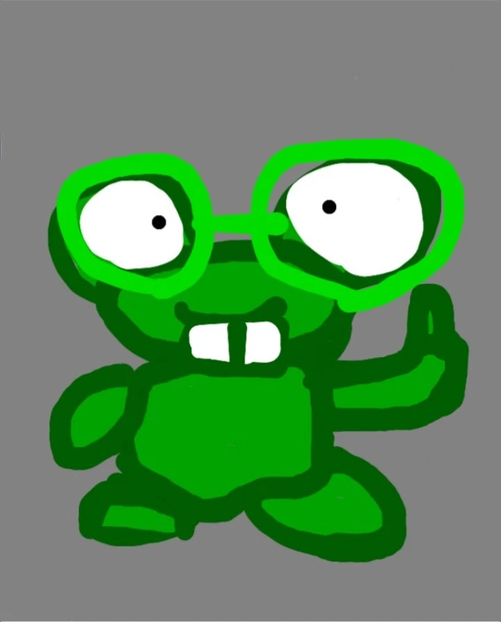 A digital drawing on a grey background of a green Kero outlined in dark green: two big white eyes with small black pupils behind large bright green glasses, two white buck teeth under a small smile, a round body, one hand raised with a single finger pointing up and two oval feet.