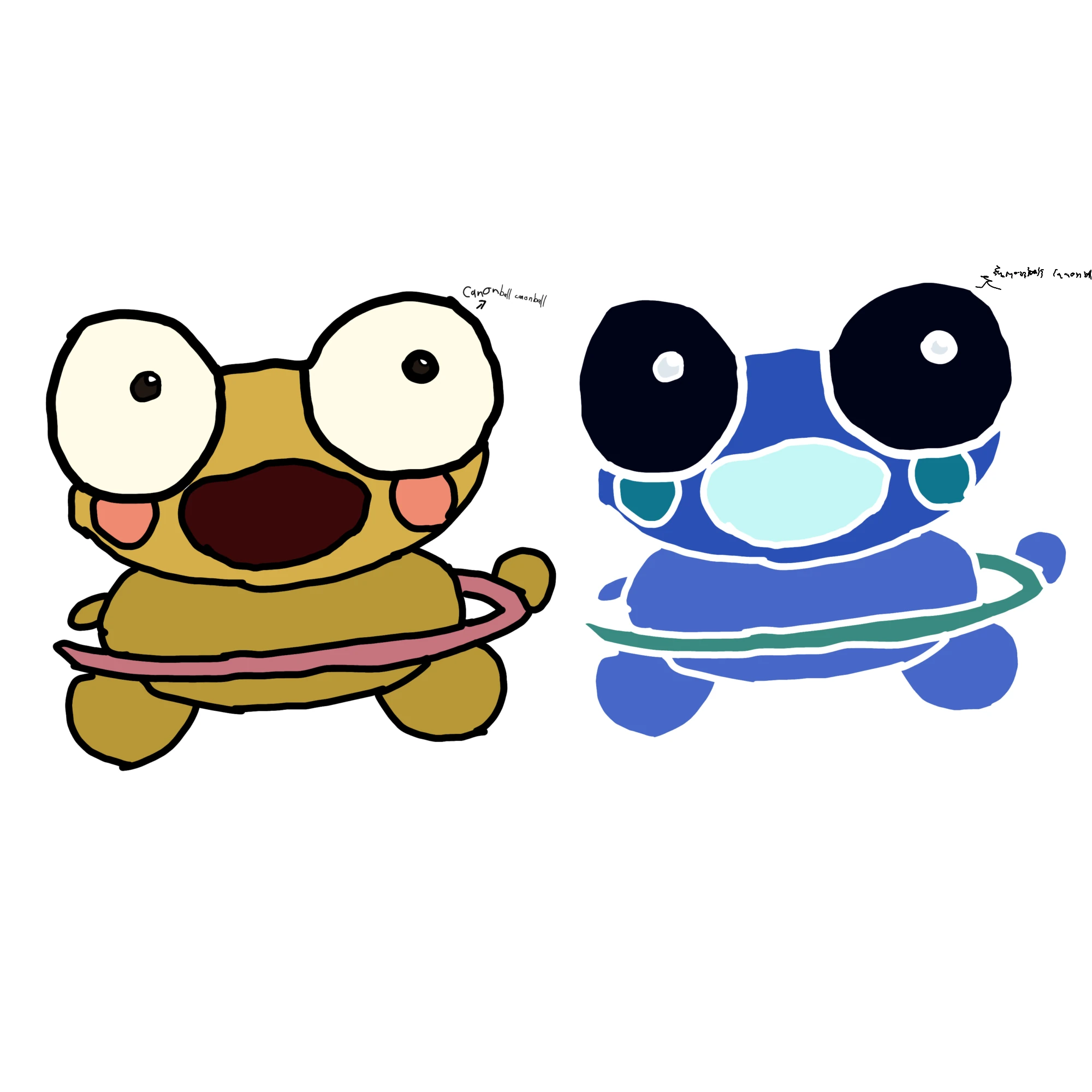 Two drawings side by side on white. On the left, a golden Kero with huge cream eyes, pink cheeks and a wide dark open mouth has a pink hoop around his middle, with a small hand-written label reading canonball canonball and an arrow pointing to him. On the right, the same Kero in inverted colours, with a blue body, black eyes with white highlights, teal cheeks, a pale cyan mouth, white outlines and a teal green hoop, under a smaller scribbled label that runs off the right edge.