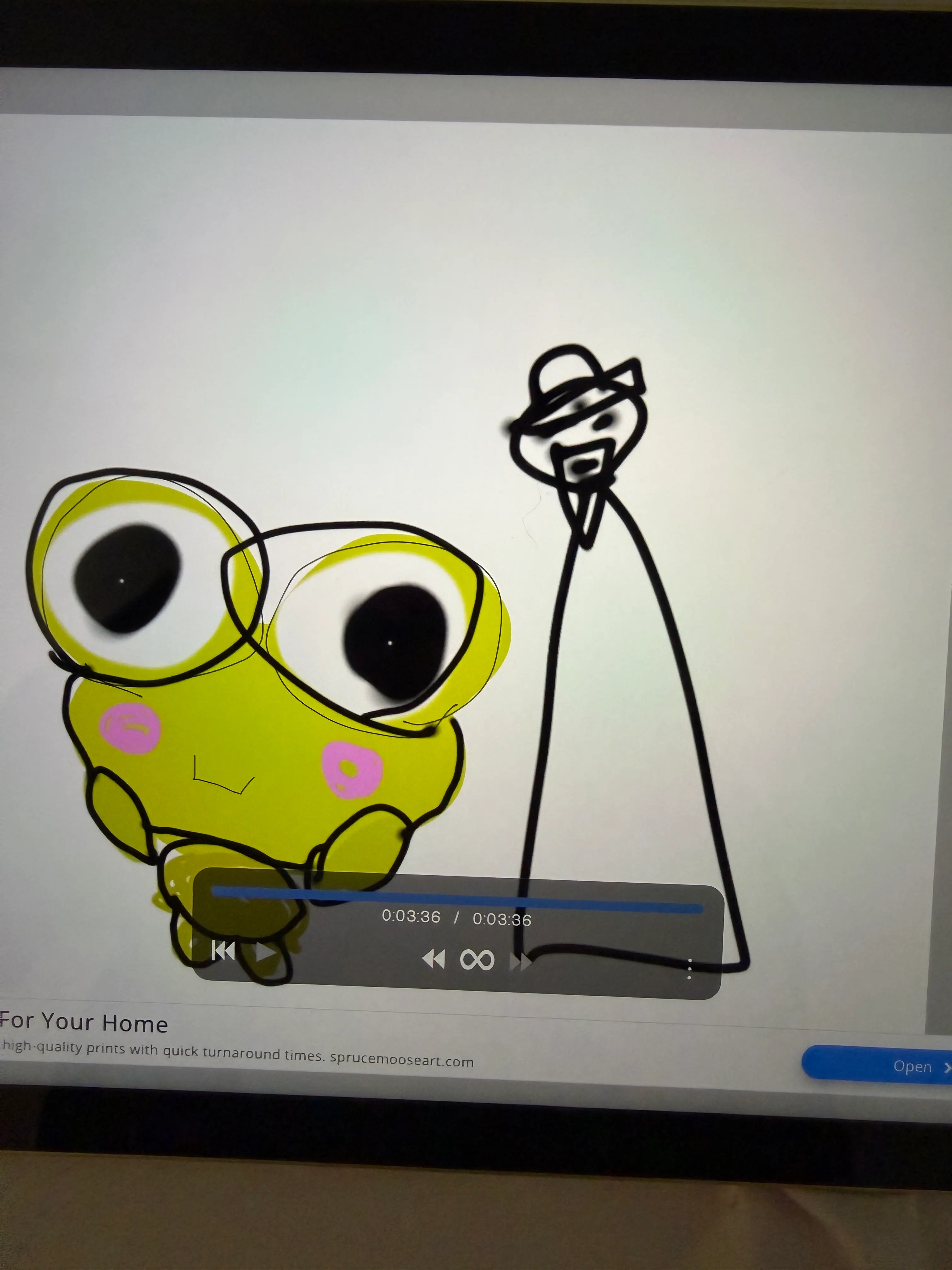 A hand-drawn bright green Kero with huge eyes sits beside a tall black-and-white figure wearing a hat on a computer screen.