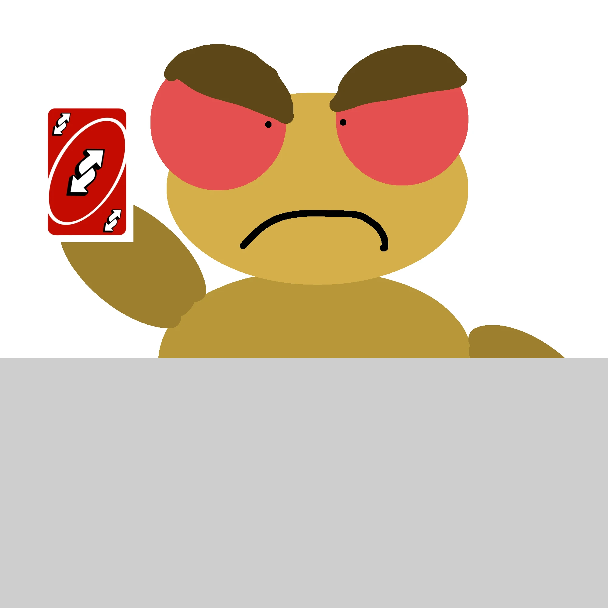 An angry Kero with heavy brown brows, glowing red eyes and a deep frown holds up a red UNO reverse card, with a plain grey panel filling the bottom of the picture.