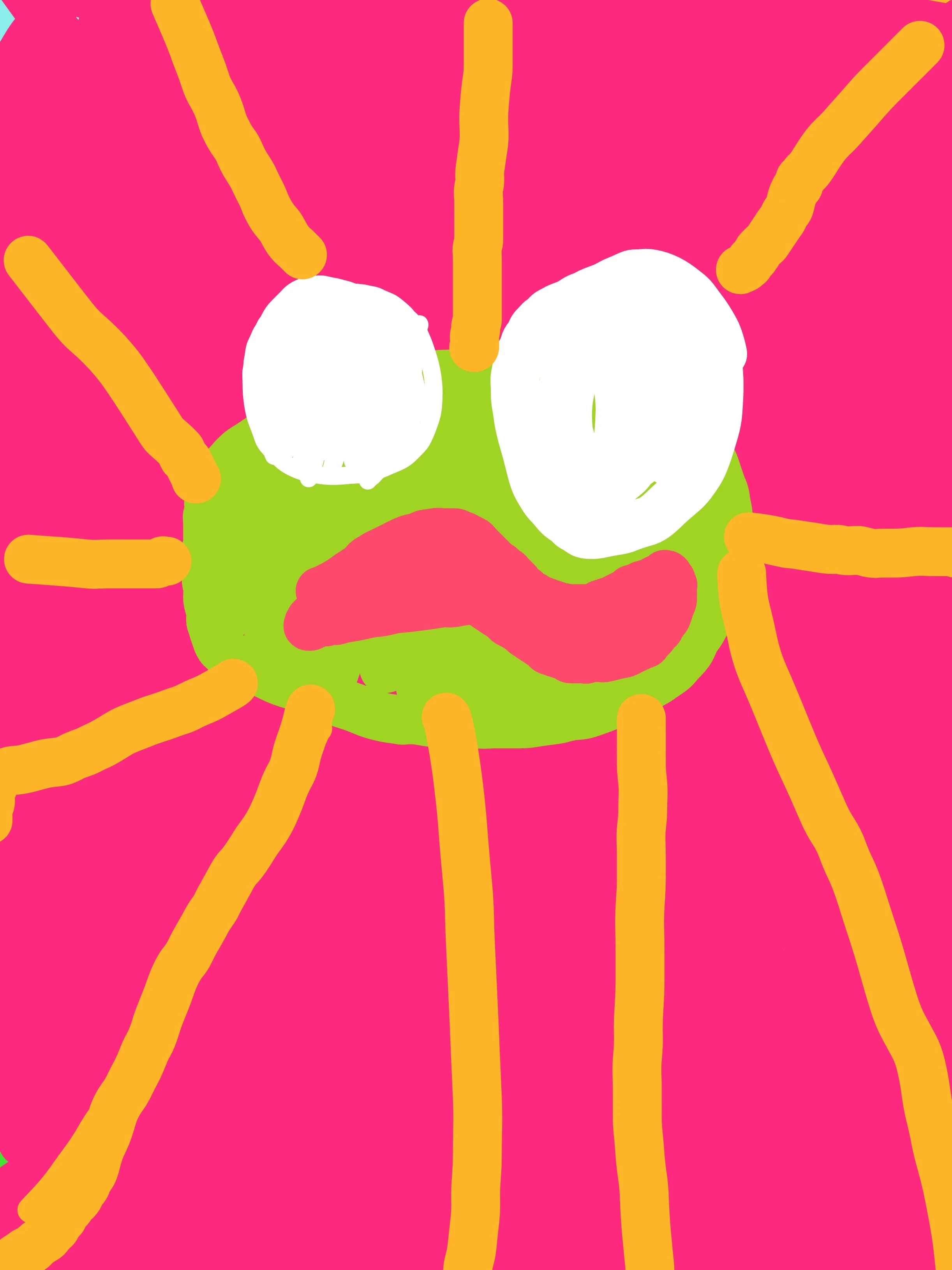 A finger-painted bright green Kero face with two huge white eyes and a wavy pink mouth, surrounded by thick orange lines on a hot pink background.