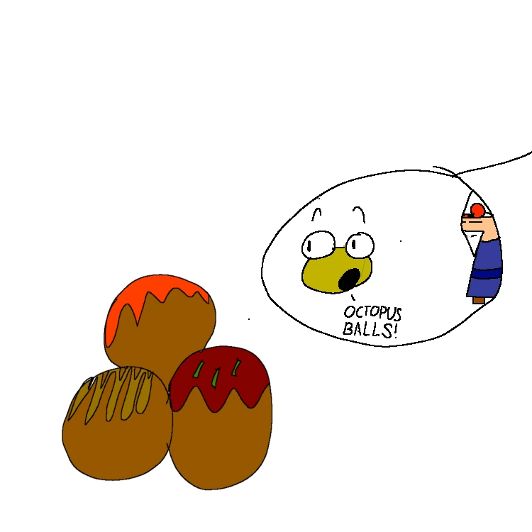 Three takoyaki balls beside a bubble showing Kero, Sensei and the words “Octopus balls!” on a white background.