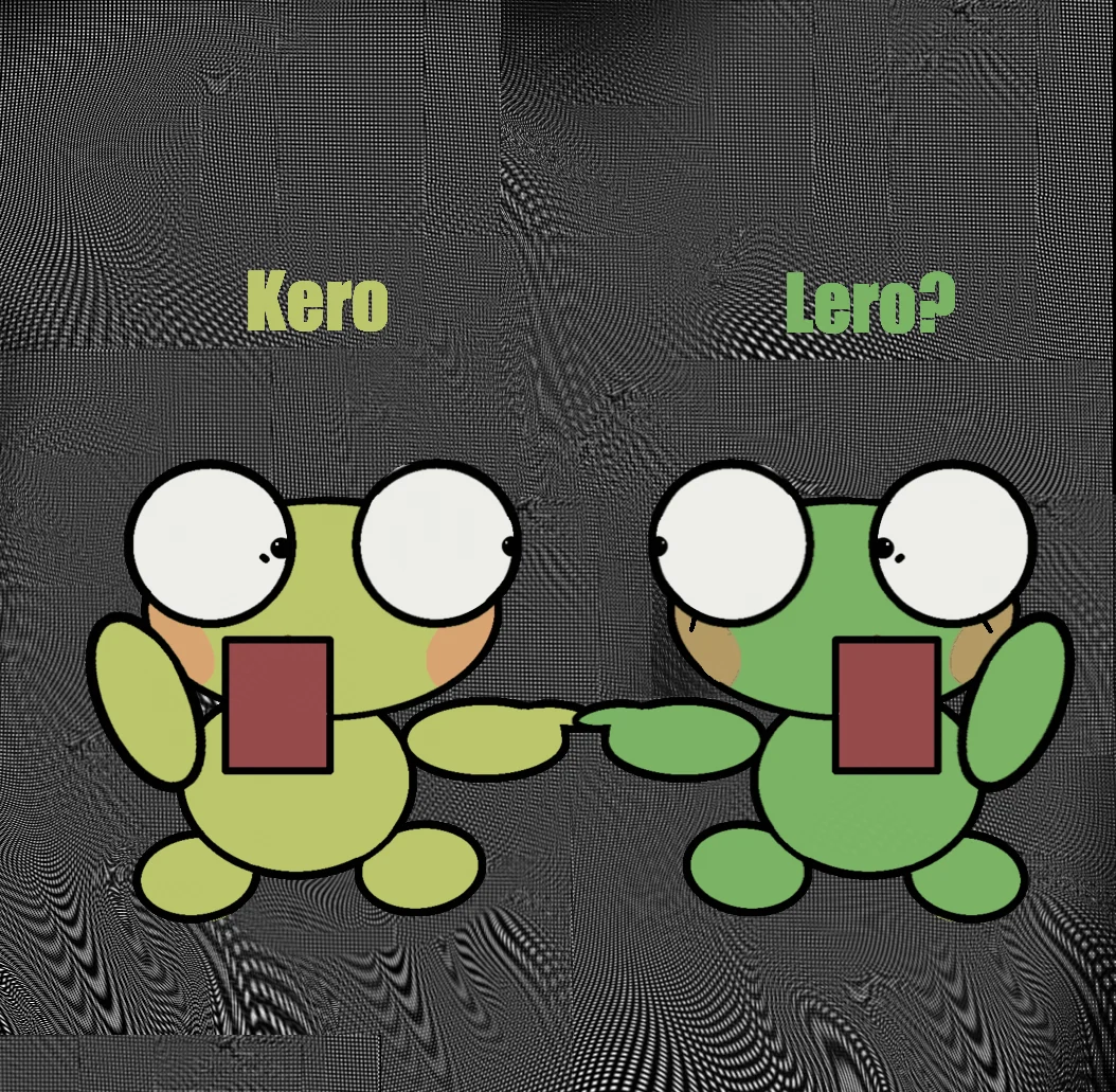 Two cartoon frogs on a dark swirling grey background point at each other: a pale green Kero labelled Kero on the left and a darker green frog labelled Lero? on the right, both with big white eyes, pink cheeks and a dark red square mouth.