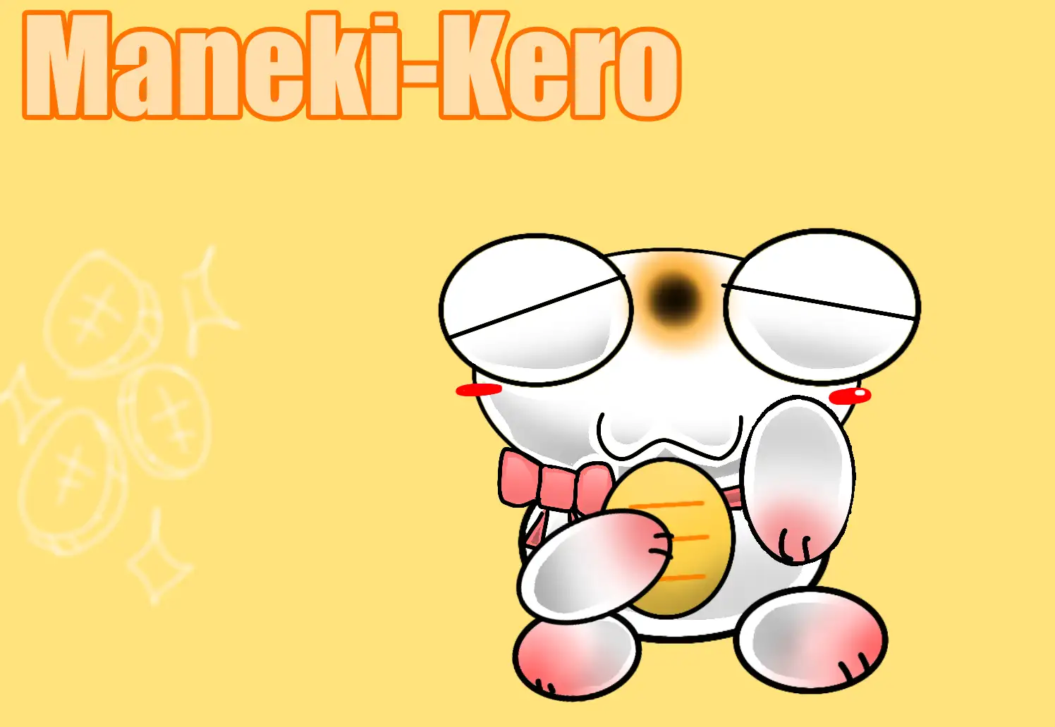 Maneki-Kero lettering above a white lucky-cat Kero with a raised paw, pink bow and golden coin on a yellow background.