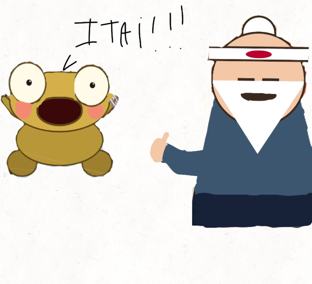 A digital drawing on cream paper texture. On the left, a golden-brown Kero with two huge cream eyes, pink cheeks and a wide dark open mouth throws up both arms, holding a small grey and red striped object in one hand, under the hand-lettered word ITAI!!! and a small mark above his head. On the right, Sensei, with a white topknot, a white headband with a red oval, eyes and a mouth drawn as short dark lines, a white pointed beard, a blue robe and dark trousers, gives a thumbs up.