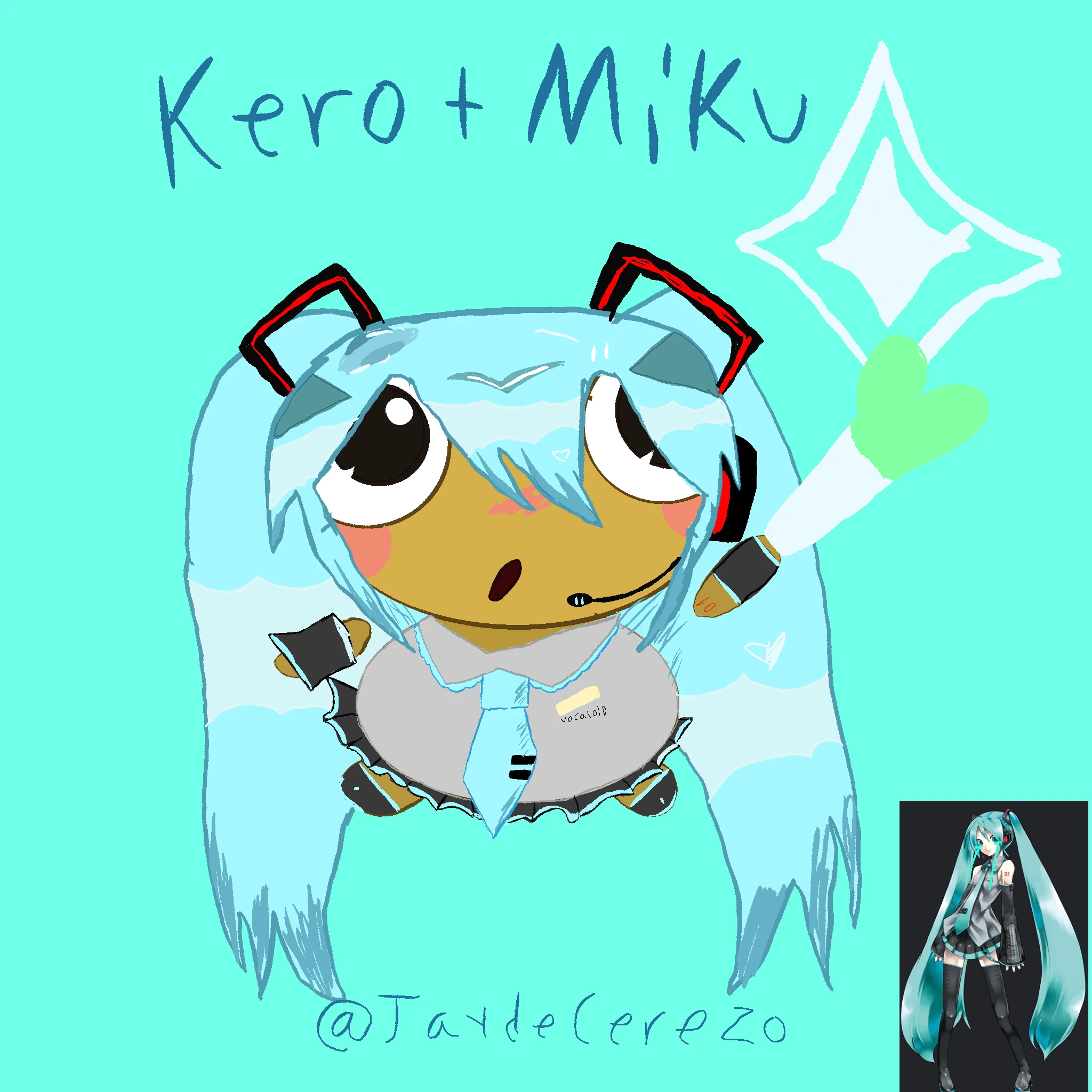 Kero drawn as Hatsune Miku, with long light-blue twin tails, red-and-black headset pieces, a grey vest with a teal tie and a leek in one hand, on a turquoise background with a sparkle, “Kero + Miku” lettering, the @JaydeCerezo signature and a small Miku reference picture in the corner.