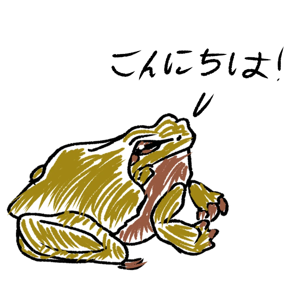 A sketchy, realistic drawing of a bumpy olive-and-brown toad crouching on white, with a speech line saying こんにちは!