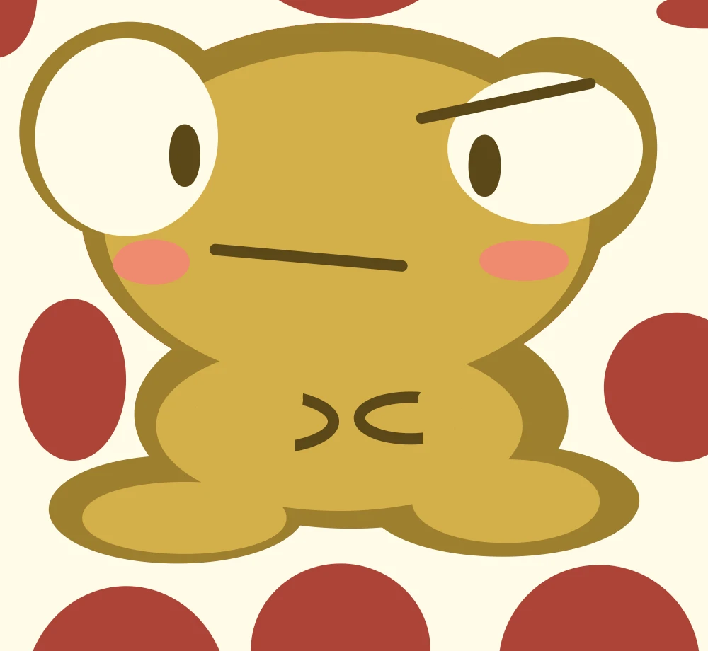A golden Kero with a darker gold outline, two big white eyes with small brown pupils, a brown eyebrow raised over one eye, pink cheeks, a straight flat mouth, two small curved lines on its round body and two wide feet, on a cream background with large red polka dots.