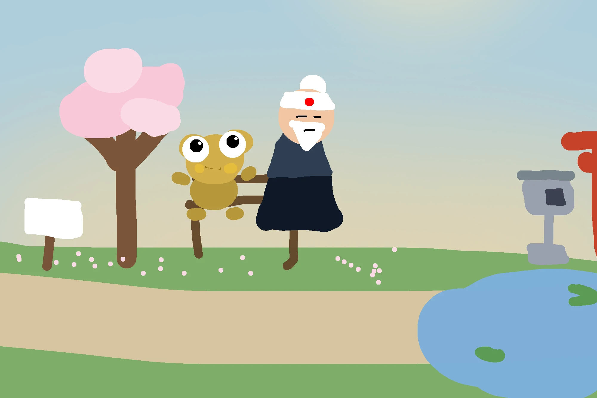 Kero and Sensei sit on a park bench beside a pink cherry tree and a blank sign board, with a stone lantern, a red gate and a pond on the right, under a pale sky.
