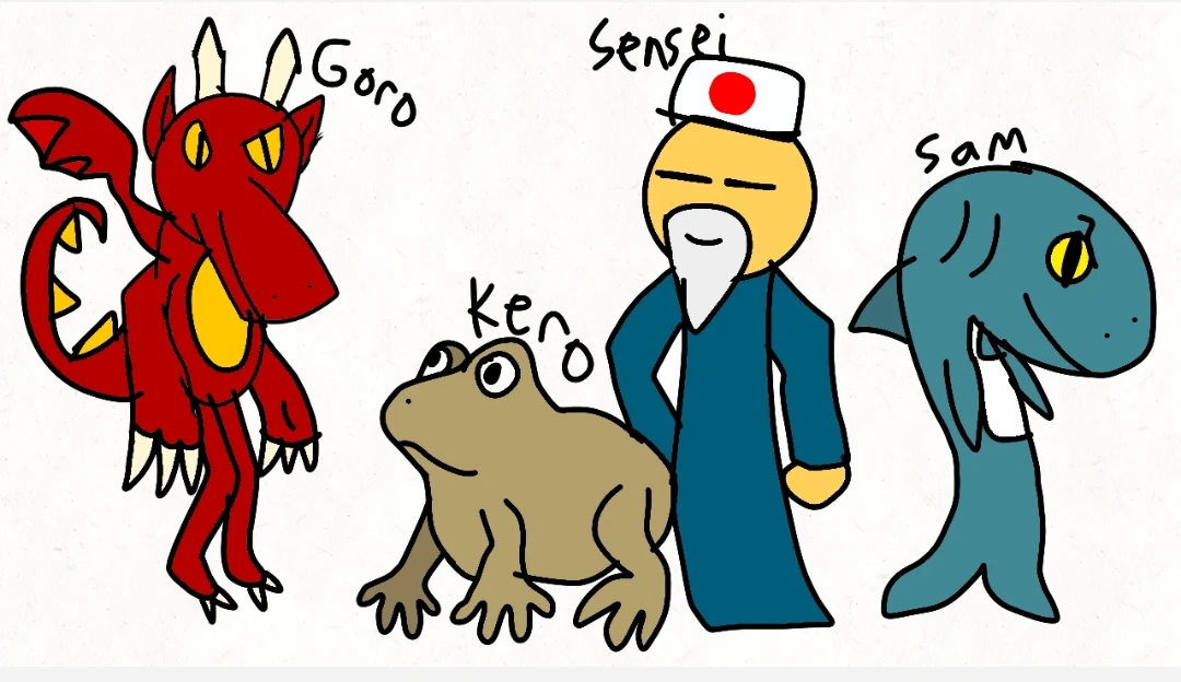 A hand-drawn line-up on white: a red winged dragon labelled Goro, a brown toad-like Kero, Sensei in a long blue robe and a white hat with a red circle, and a blue shark labelled Sam.