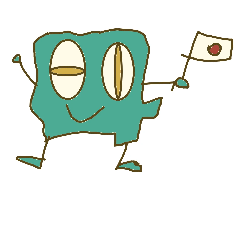 A hand-drawn teal square character with brown outlines, two tall cream eyes with golden pupils, one horizontal and one vertical, and a smile, striding along and waving a small Japanese flag, on white.
