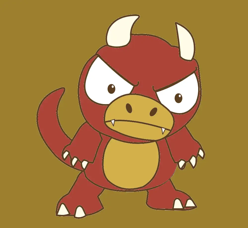 A bright true-colour drawing of red Goro with large round eyes and a bold expression on a blue background.