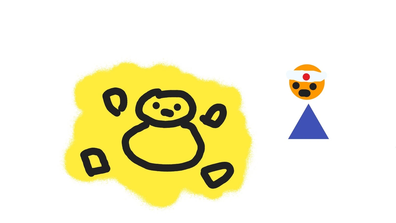A simple doodle of a round yellow character with dot eyes, outlined in black on a bright yellow glow with four rounded shapes floating around it, beside a small Sensei with an orange face, a white headband with a red dot and a blue triangle body, on white.